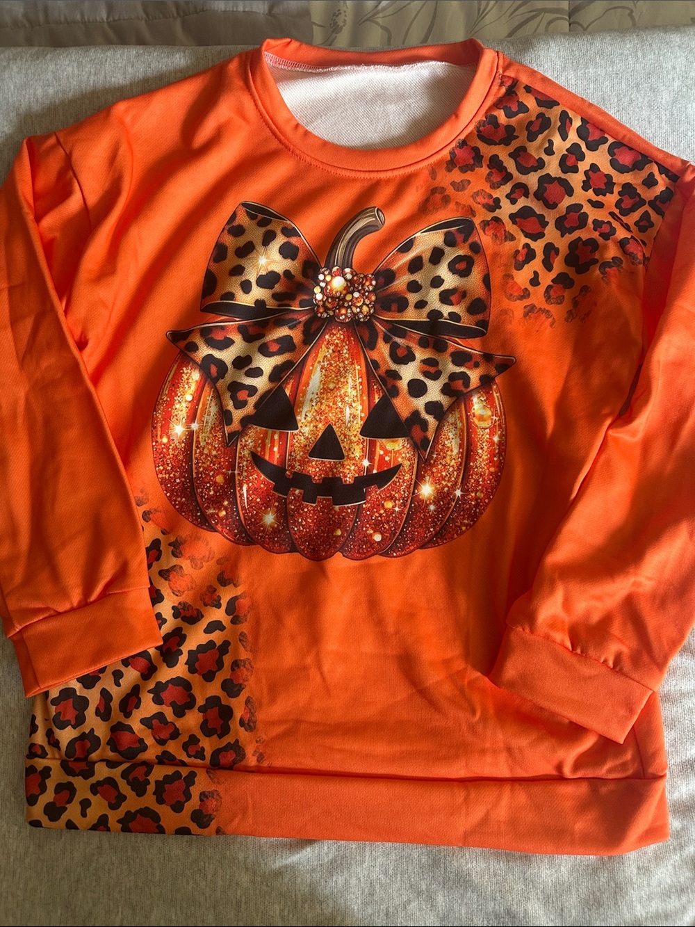 Amazon Essentials Orange Halloween Pumpkin Sweatshirt with Leopard Bow